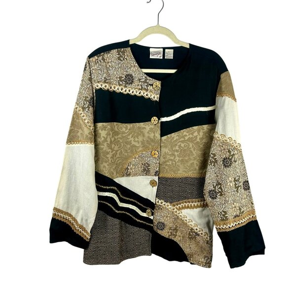 Vintage 90s Reverly's Tapestry Patchwork Jacket Women Large Black Gold Lagenlook - Picture 1 of 5